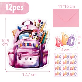 BETESSIN Pack of 12 First Day at School Invitation Cards for School Child, First Day of School Invitations (Pink Cards & Envelopes)