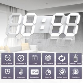 EPSKY 3D White Digital Wall Clock LED Large Alarm Clock Adjustable Brightness 12/24 Hours Display and Date Display for Kitchen Homes Offices Gyms (15inch)