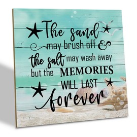 Beach Wood Sign, “The Sand May Brush Off the Salt May Wash Away but the Memories Will Last Forever”, Wooden Plaque Table Art Sign, Ocean Theme Home Decorations, Coastal House Decor, Family Sign