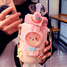 GMKD Kawaii Water Bottle Cute Water Bottles with Straw, Kawaii Bear Water Bottle with Adjustable Strap and Stickers - for School Outdoor Travel, BPA-Free, 24oz (Pink Rabbit)
