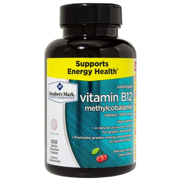 Member's Mark Vitamin B-12 Sublingual High Potency Methylcobalamin 5000mcg 300 Tablets (3 bottles (900 tablets))