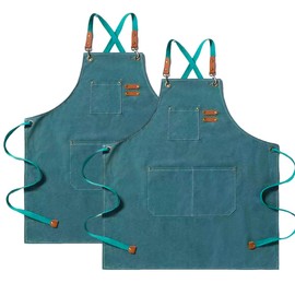Kitchen Apron Canvas (2 Pack), Chef Apron Cross Back Adjustable Apron with 3 Pockets Professional Tool Work Apron Waterproof Barbecue BBQ Apron for Men Women, Cooking Painting Gardener (Green)