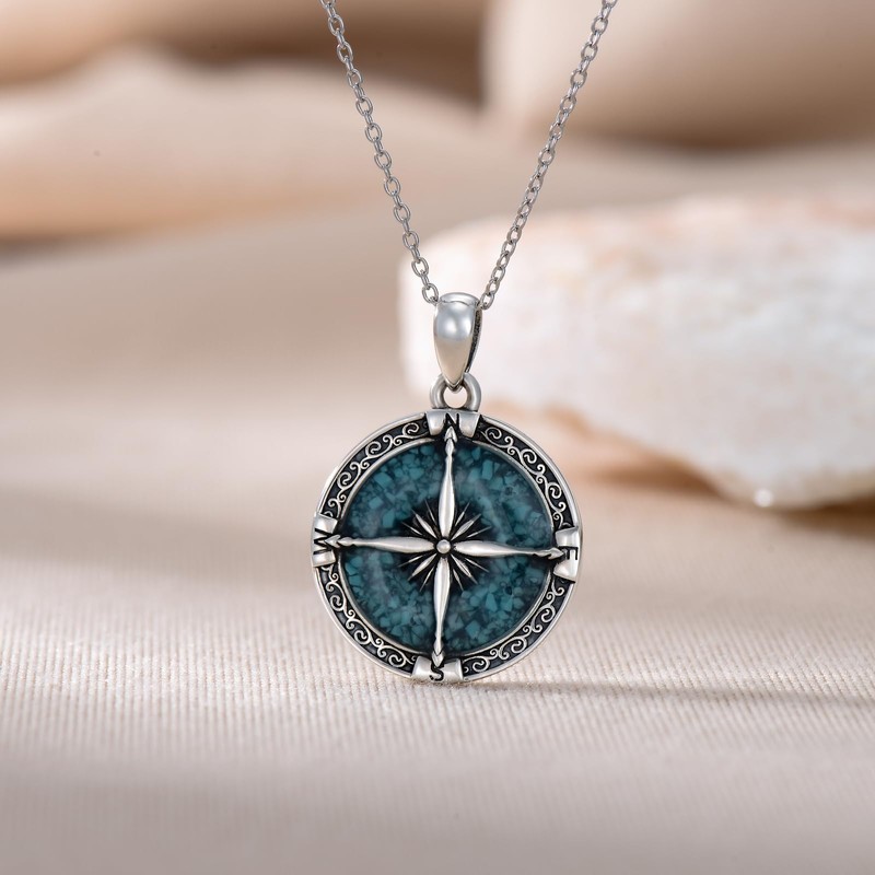 ROMANTICWORK Compass Necklace 925 Sterling Silver Turquoise Compass Pendant Compass