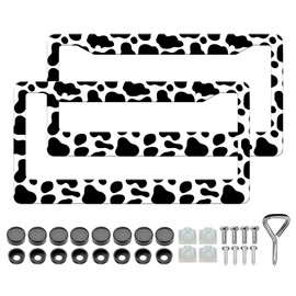 HCSS 2PCS Cow Print License Plate Frames, Cute Animal White Black Spot Aluminum Metal License Plate Holder Covers, Rust-Proof Waterproof Car Decorative Tag Frames for Standard US 12x6 Inch