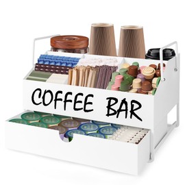 Coffee Bar Accessories Organizer - Countertop Coffee Station with Drawer, Pod Holder & Condiment Organizer，White