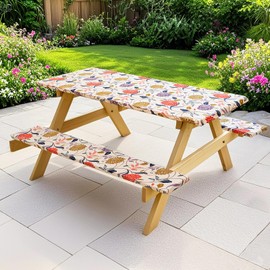 FORCHEER Picnic Table Cover with Bench Covers Elastic Floral Waterproof Camping Themed Fitted Picnic Table Covers Set of 3 for 6 foot Outdoor Garden Tables and Benches Washable