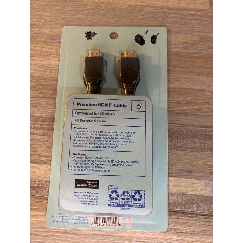 Onn 6' Premium HDMI Cable Black