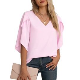 Yommay Women's Blouse Elegant V Neck Summer T-Shirts Casual Lightweight Chiffon Tunic Short Sleeve Tops, lightpink