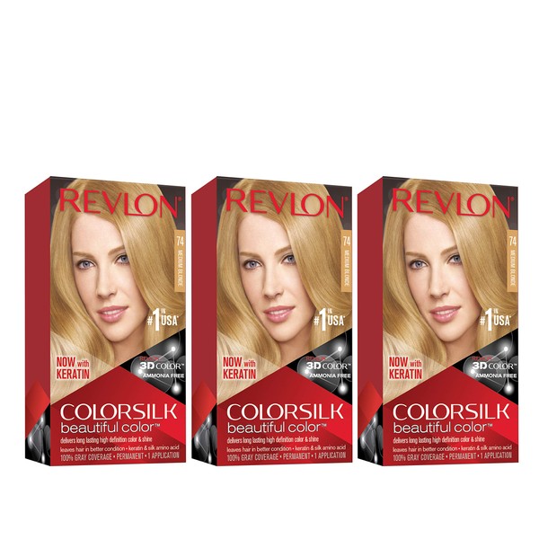 REVLON Colorsilk Beautiful Permanent Hair Color with 3D Gel Technology & Keratin, 74 Medium Blonde, 3 Count
