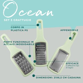 Fackelmann Ocean Set di 3 grattugie da cucina, impilabili, facili da riporre, in acciaio inox e polistirolo, lavabili in lavastoviglie, 21 x 6,5 x 4 cm, verde acqua, 1 pz.