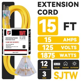 EP 15 Ft 12 Gauge Heavy Duty Extension Cord, 15A 125V 1875W, 3 Outlet Indoor/Outdoor Power Cord with Lighted End, 12/3 SJTW Weatherproof Yellow, UL Listed