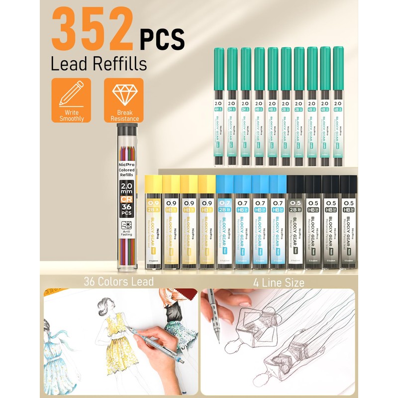 Nicpro Blocky Gear Metal Mechanical Pencil Set with Leather Case,