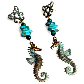 Elaine Coyne Patina Wearable Art Seahorse Earrings - Turquoise