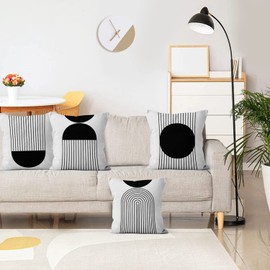 Boho Cushion Cover, 40 x 40 cm, Set of 4, Hnmdmyi Black and White Mid Century Abstract Geometric Arch Sun Decorative Cushion Covers Modern Minimalist Linen Cushion Cover for Sofa Couch Outdoor Home Decor