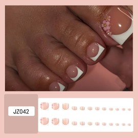Pink Flower Press on Toenails White French Tips Fake Toe Nails Short Nude Square Toe Nail Press ons Tips Floral Designs Full Cover Glue on Toenails Summer Acrylic False Toe Nails for Women 24Pcs