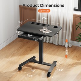 JYLH JOYSEEKER Mobile Standing Desk with Drawer, 28" Rolling Desk with Cup Holder and Hooks, Portable Laptop Workstation on Wheels, Height Adjustable Cart with Storage for Home Office, Black