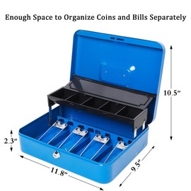 Jssmst Locking Metal Cash Box with Coin Lid, 11.8L x 9.5W x 3.5H Inches, Safe Money Box with Key Lock, Blue, SM-CB0513BL