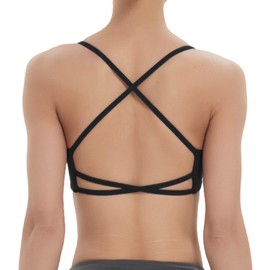 AMRIY Women's Low Support Sports Bra Deep U Neck Criss Cross Back Strappy Yoga Bra with Removable Pads Black,8