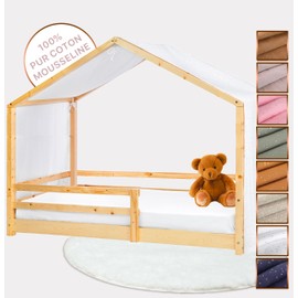 Lovely Hippo House Bed Canopy - 100% Cotton Bed Canopy House Bed Made of Muslin - Bed Curtain Children's Bed - Canopy Bed Curtains for 80 x 160 cm and 90 x 200 cm (White/Gold, 97 x 402 cm)
