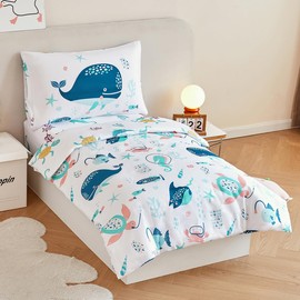 STYHO Ocean Theme Cot Bedding Sets Reversible Whales Toddler Duvet Cover Set Ultra Soft Breathable Blue Under the Sea Duvet Cover for Girls Boys(Whales, Cot Bed)