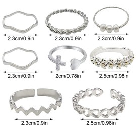 LEEQBCR Set of 8 Women's Rings Bohemian Finger Rings Open Daisy Pearl Joint Wave Flower Ankle Rings Stackable Band Rings Ring Set Adjustable for Women Girls Charm Fashion Jewellery
