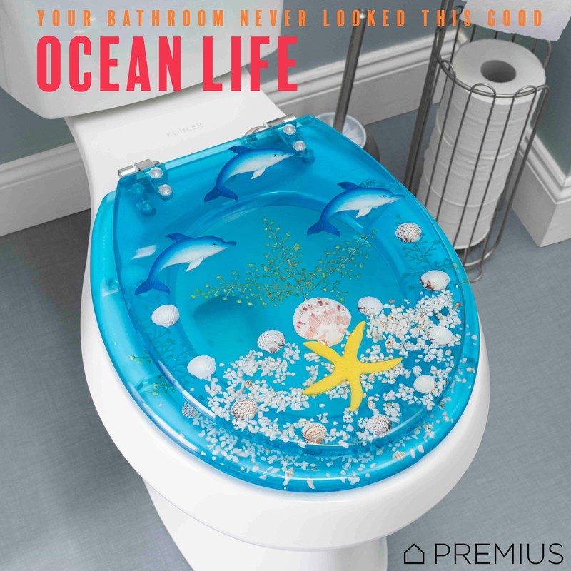 Polyresin Ocean Life Dolphins Toilet Seat By PREMIUS, Standard Round,