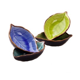 Vastsea 4 Mini Sauce Bowls, Small Plates, Ceramic Sauce Bowls, Handmade Leaf Sauce Bowls, Suitable for Kitchen, Dining Room (Light Yellow, Dark Blue, Sea Blue and Fruit Green)