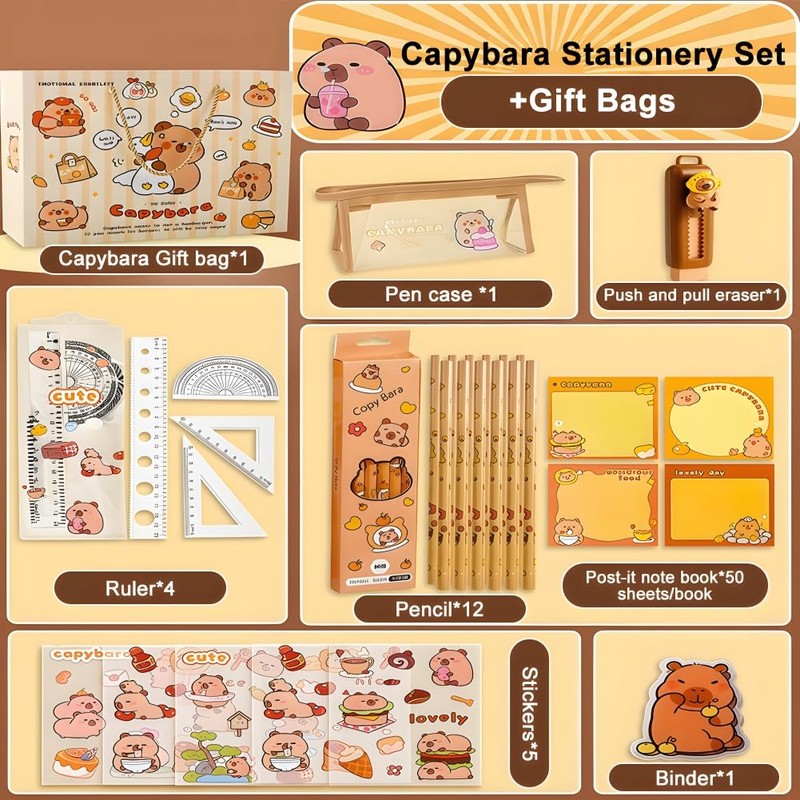 Capybara Stationery Set, Capybara Pencil Case with Pencils, Clips, Rulers,