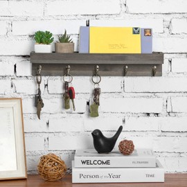 MyGift 16 Inch Floating Shelf, Vintage Gray Wood Wall-Mounted Entryway Mail Sorter with 5 Antique Key Hanging Hooks