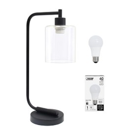 Simple Designs LD1036-BLK-LB 18.8" Industrial Bronson Antique Style Iron Lantern Desk Table Lamp with Glass Shade for Home Décor, Office, Living Room, Bedroom, Black, with Feit LED Bulb Included