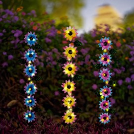 Stargarden 3 Pcs Metal Flowers Garden Stakes, Solar Powered Decorative Garden Stakes, Colorful Solar Yard Art Waterproof Garden Decor