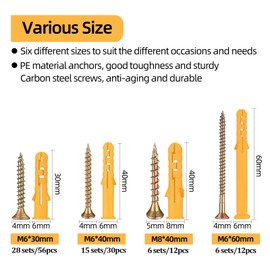 110 PCS Wall Plugs & Screws Set, 4 Sizes of M6/M8 Hollow Wall Anchor Screws and Wall Plugs Kit for Brick, Concrete, Masonry, Drywall, 55 Masonry Self Tapping Screws & 55 Expansion Pipe Anchor Bolts