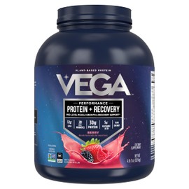 Vega Sport Vegan Protein Powder + Recovery - 30g Plant Based Protein per Serving, Berry, 45 Servings, 5g BCAAs, Probiotics, NSF Certified, For Shakes & Smoothies, 4.2lbs (Packaging May Vary)