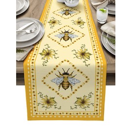 Bee Table Runner 108 Inches Long,Farmhouse Yellow Daisy Linen Burlap Tables Runners,Summer Dresser Scarves for Kitchen Dining Party Banquet Decor,Bumblebee Honey Bee Flowers