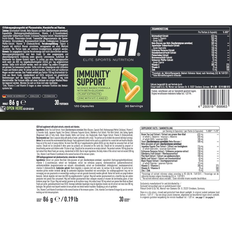 ESN Immunity Support, 120 Capsules, 30 Servings, with Plant Extracts,