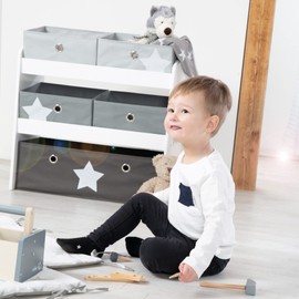 roba Play Shelf - Grey Stars - Children's Multi-Bin Toy Organizer, Shelf Storage Cabinet with 5 Fabric Boxes, Boys & Girls