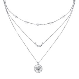 Flyow S925 Sterling Silver Layered Necklaces for Women, Multi 3 Layer Sun Moon Stars Boho Triple Choker Pendant Necklace Jewerly Gift for Women