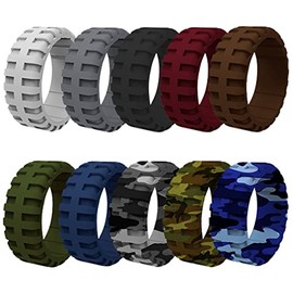 Mens 9mm Wide Tire Pattern Silicone Wedding Band 10pcs set Black Brown Camo Blue Rubber Rings - US Size 7-14 (12)