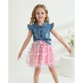 Toddler Girl Clothes 3T 4T Denim Tulle Dresses Summer Girls Outfit Toddler Pink Short Sleeve Prom Dress Ruffle Party Swing Sundress 3 4 Year Old