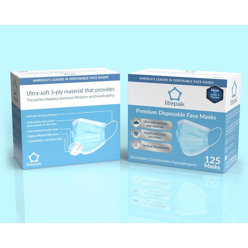 Litepak 125-Pack Disposable Face Mask Premium Comfort Earloops with Dispenser