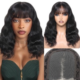WIGNEE 4x4 Lace Human Hair Wig with Bangs Natural Wavy Human Hair Wigs For Black Women Midemun Length Wigs Human Hair for Daily Use（14 Inches）