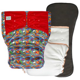 EcoAble Adult Nighttime Diaper Set, Reusable Incontinence Briefs for Day or Night | Protective Underwear for Special Needs Teens, Men and Women (Large, Bang Boom Comic)