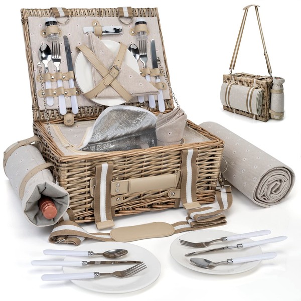 31Pcs Picnic Basket Set for 4 with Insulated Liner and Waterproof Blanket Wine Pouch, Large Wicker Picnic Hamper for Camping,Outdoor,Valentine Day,Thanks Giving,Birthday Christmas for Couples