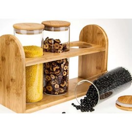 Pack of 3 airtight glass jars with bamboo lid, transparent storage containers with bamboo wood base and stand, sealed organizers for snacks, coffee, nuts and more.