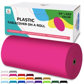 ZHZJCKSHB 54IN X 320FT Plastic Table Cover Roll with Cutter Box, Cut to Size Plastic Table Cloths for Parties, Birthday, Disposable Tablecloth Roll for All Shape Tables (Fuchsia, 54 Inch X 320 Feet)