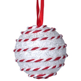 Round Yarn Swirl Christmas Tree Baubles - Red White Candy Cane - Set of 6
