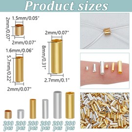 arricraft 1200 Pcs Tube Crimp Beads, 2 Colors Brass Column Crimp Charms Beads Cord End Caps Metal Stopper Bead for Earring Necklace Bracelet DIY Craft Jewelry Making