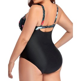 Yonique Women Plus Size One Piece Swimsuits Tummy Control Bathing Suits Twist Front Ruched Swimwear, Floral & Black, 22 Plus