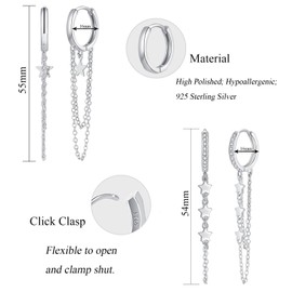 Josfeva Silver Hoops Earrings for Women, 2 Pairs 925 Sterling Silver Hoop Earrings Hanging Set, Lightweight White Gold Zirconia Dangle Earrings, Long Star Chains Huggie Drop Earrings with Gift Box
