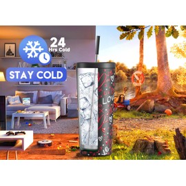 Meoky 24 oz Insulated Tumbler with Lid and Straw, Stainless Steel Vacuum Insulated Tumbler, Keeps Cold for 24 Hours, 100% Leak Proof, Fits in Car Cup Holder (Romance)